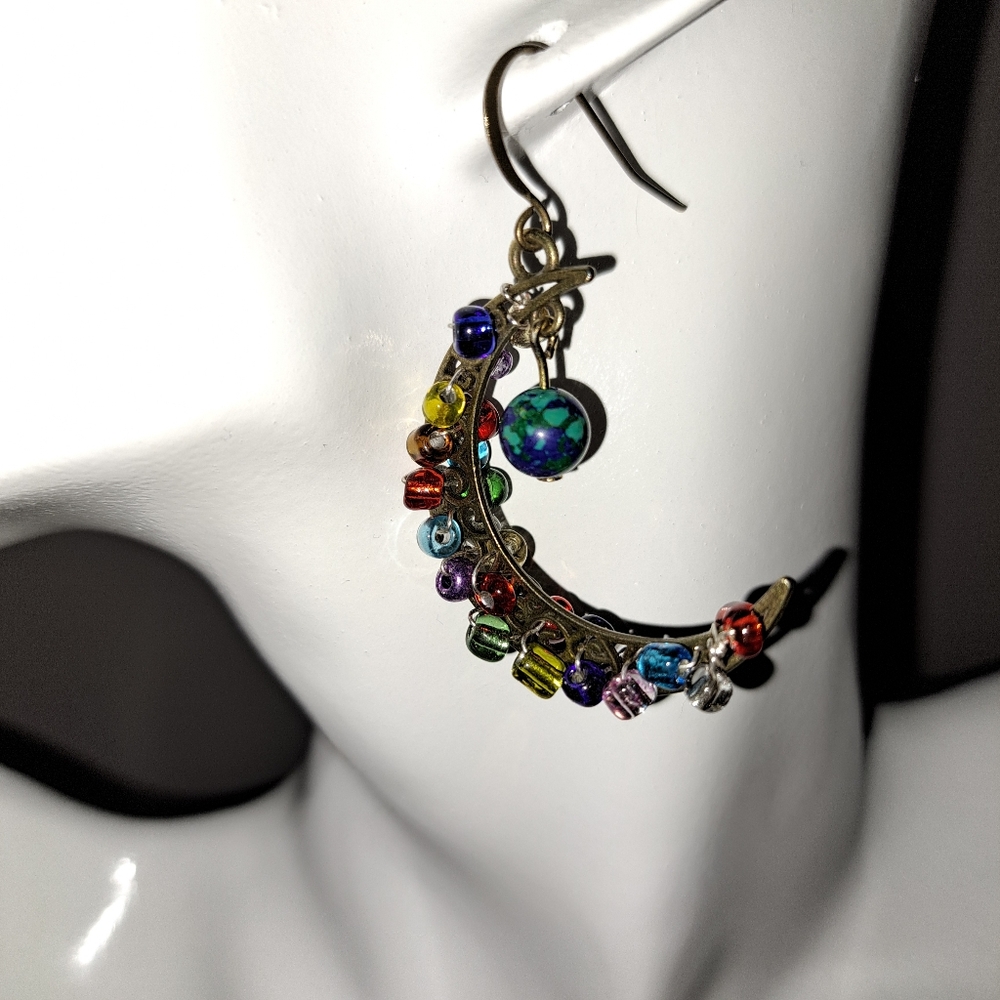 Multicolor Beaded Crescent Moon & Earth View Boho Earrings